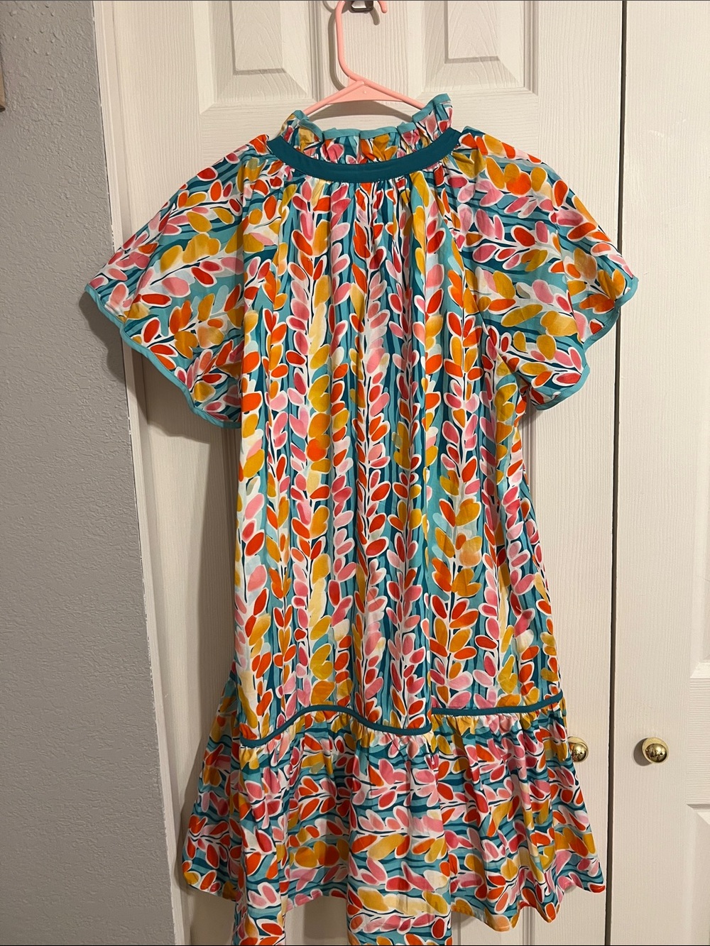 Umgee Multicolor Leaf Print Dress - Teal, Pink, Yellow, Orange - Picture 3 of 4